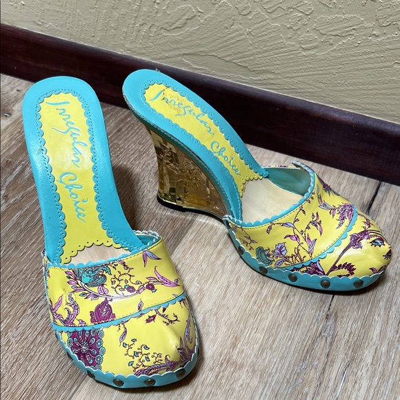 Irregular Choice Floral Yellow and Turquoise Mules - Picture 1 of 7